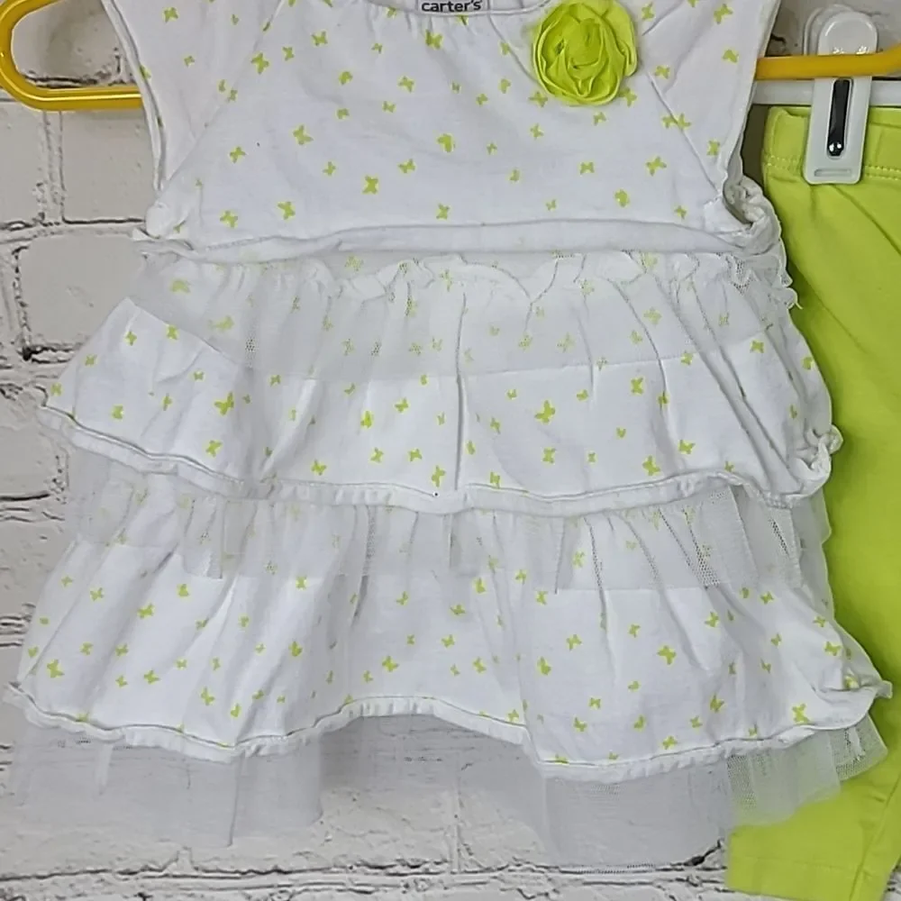 Carter's Baby Girl 3M Lime Green Butterfly Tulle Ruffled Top & Pants 2pc Outfit